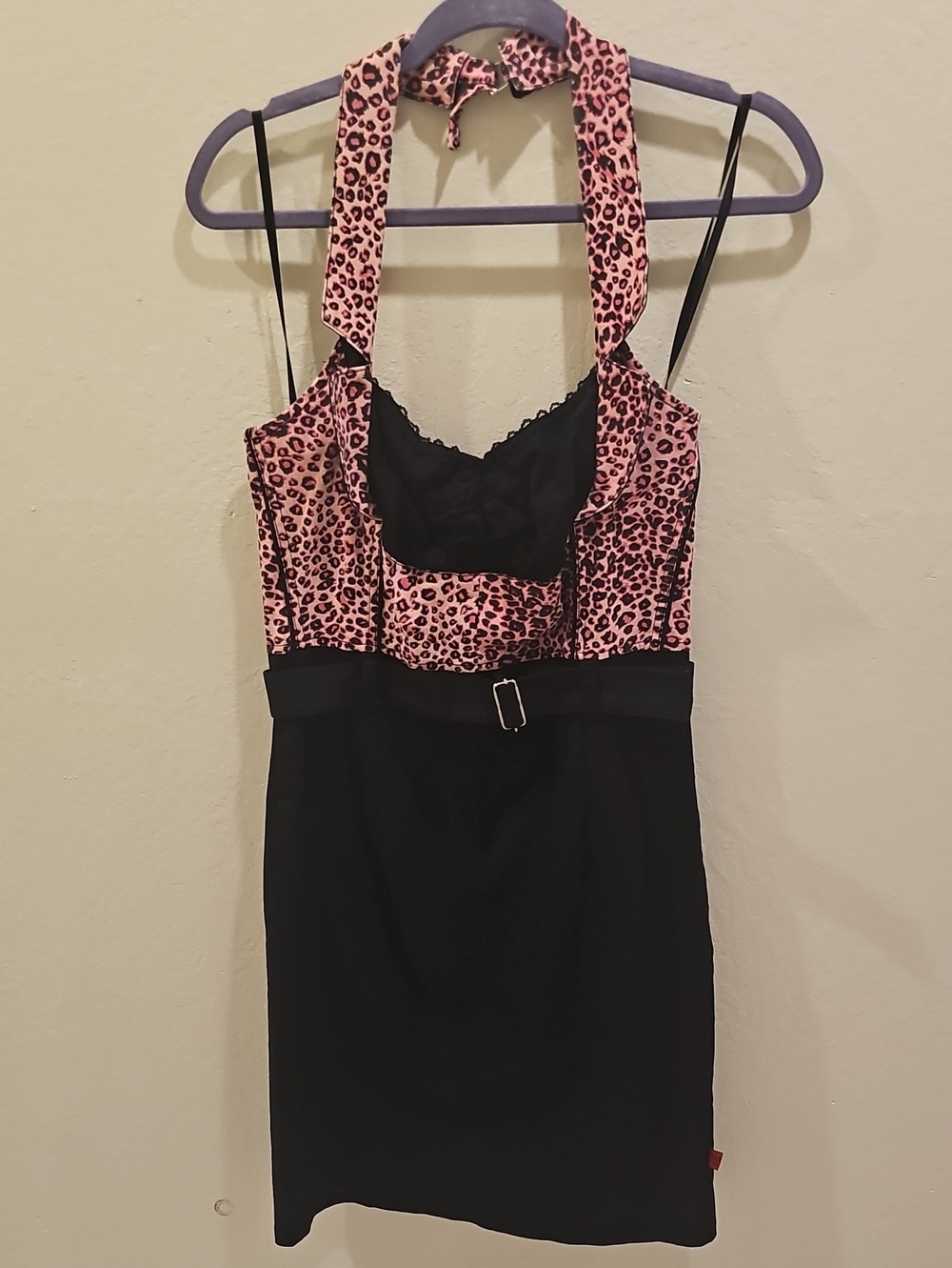 Tripp NYC Pink Leopard Halter Dress with Black Skirt